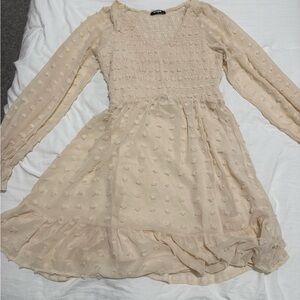 Beige Long Sleeve Textured Dress